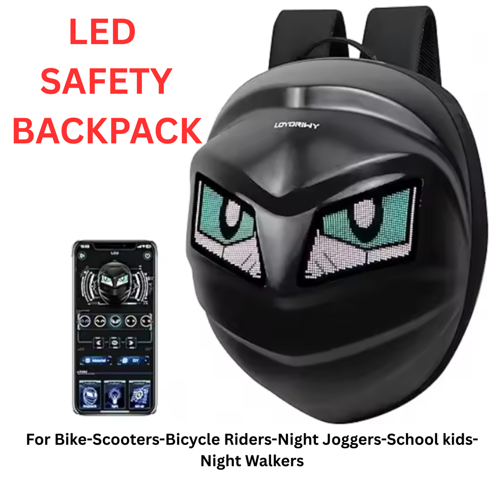 LED Backpack - Bike Riders- Scooters - Runners - Joggers - School Backpack - Safety Backpack Eyes Glow - Carbon Fiber Texture - Carry Helmet - School bag - Laptop
