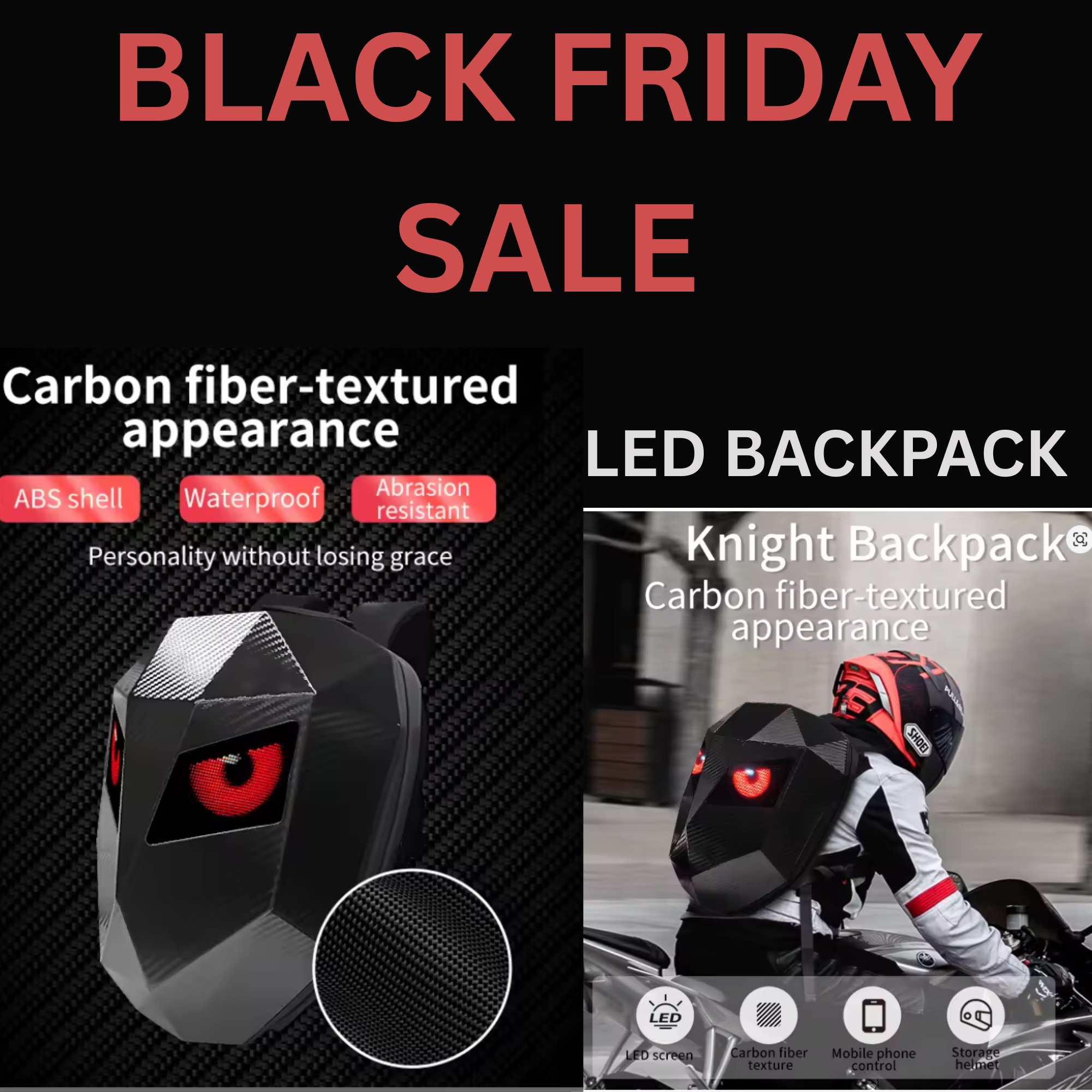LED Backpack - Bike Riders- Scooters - Runners - Joggers - School Backpack - Safety Backpack Eyes Glow - Carbon Fiber Texture - Carry Helmet - School bag - Laptop